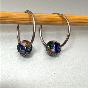SOLD: Cloisonné Blue Bead on 3/4” Thin Hoop Earrings with Hidden Wire closure